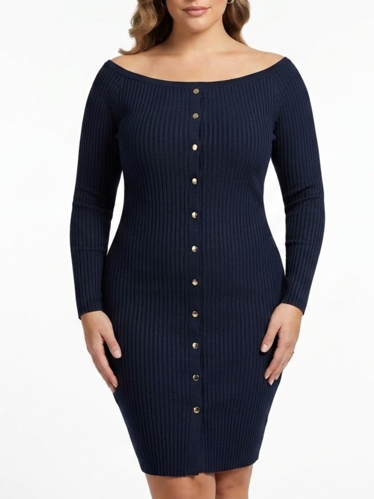 Lunyc Cyber Goth Ribbed Button Front Off Shoulder Midi Bodycon Dress 1x